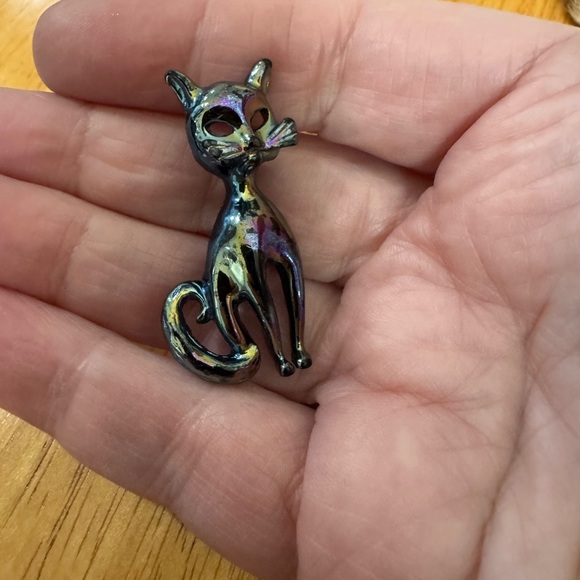 Vintage Iridescent Enamel Black Cat Brooch Pin Lapel Kitty - Picture 4 of 4